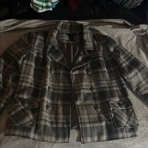 Ashley Stewart Black and Gray Plaid Pea Coat
